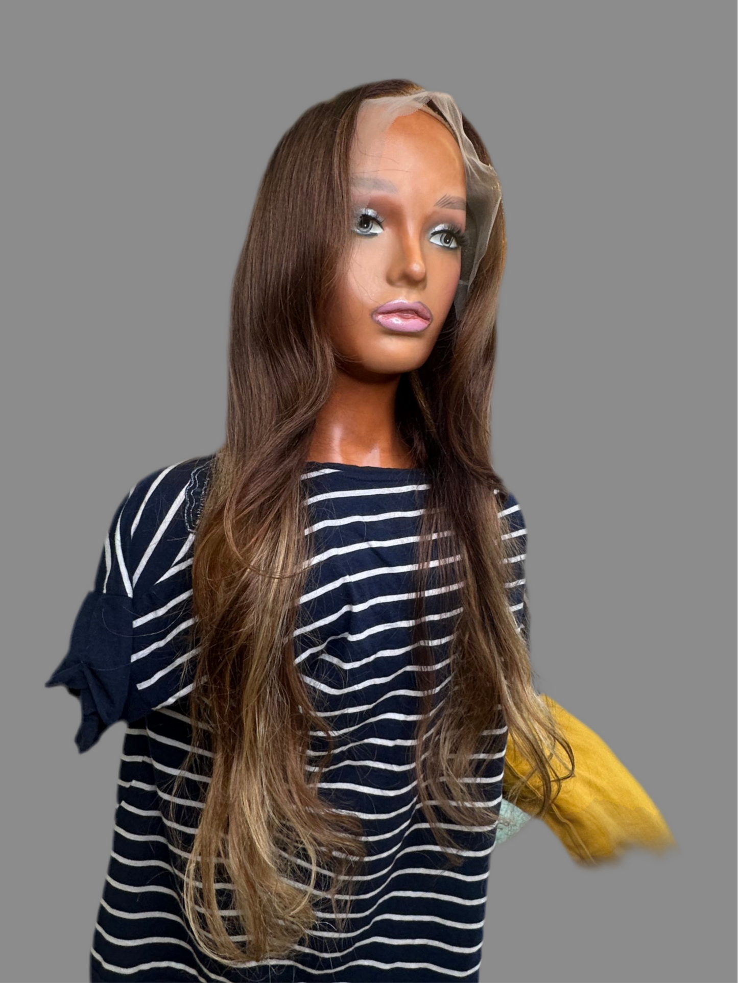BAYINA - Perruque Lace frontal 13*4 ou closure 5x5 transparent sur mesure highlight marron et blond, densité 180% VIRGIN HAIR